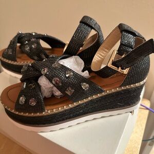Chic Black Wedge Sandals with Rhinestone Accents